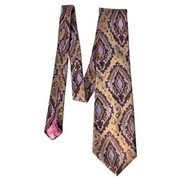 Louis Feraud Paris Designer Silk Tie brown/gold Geometric Pattern 4.5" - Picture 3 of 6